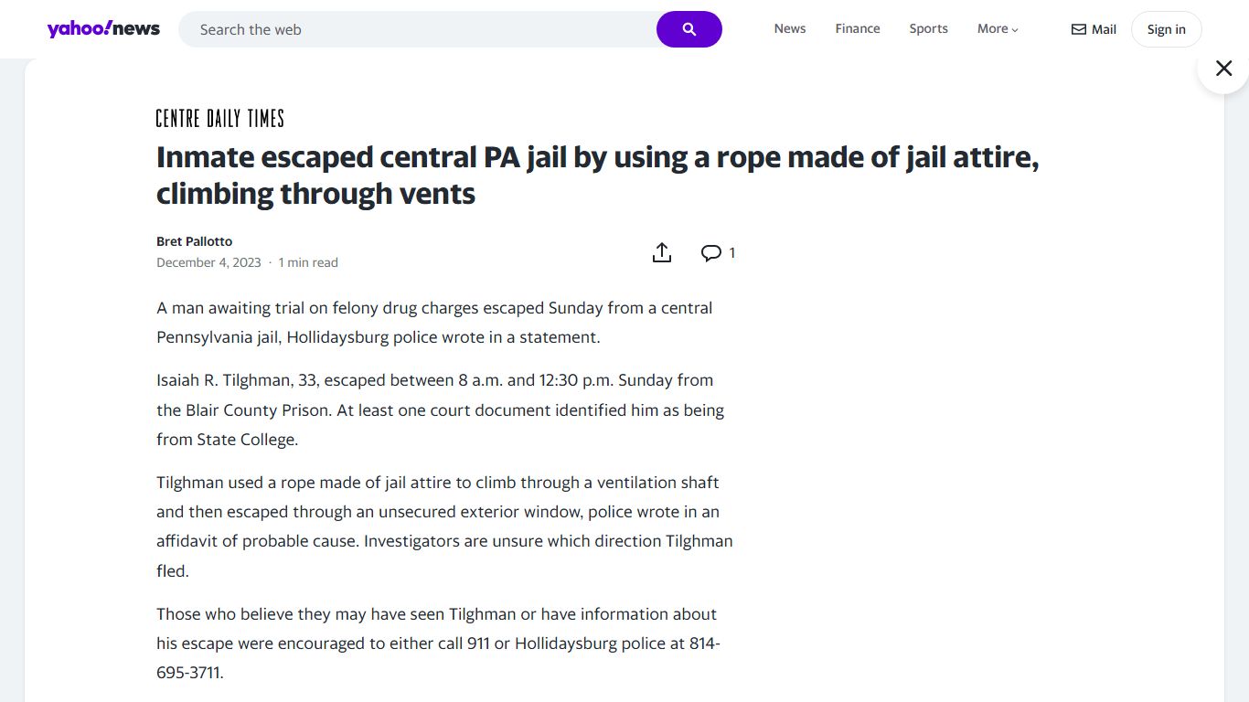 Inmate escaped central PA jail by using a rope made of jail attire ...